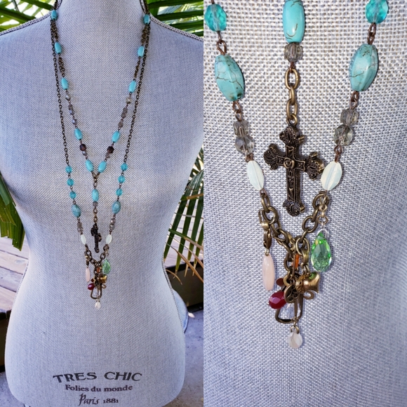 coiledfusion Jewelry - Two Necklaces Rosary Style Cross Charms Turquoise